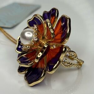 Elegant Peony Flower Ring Goldtone w/ Faux Pearl Accent
